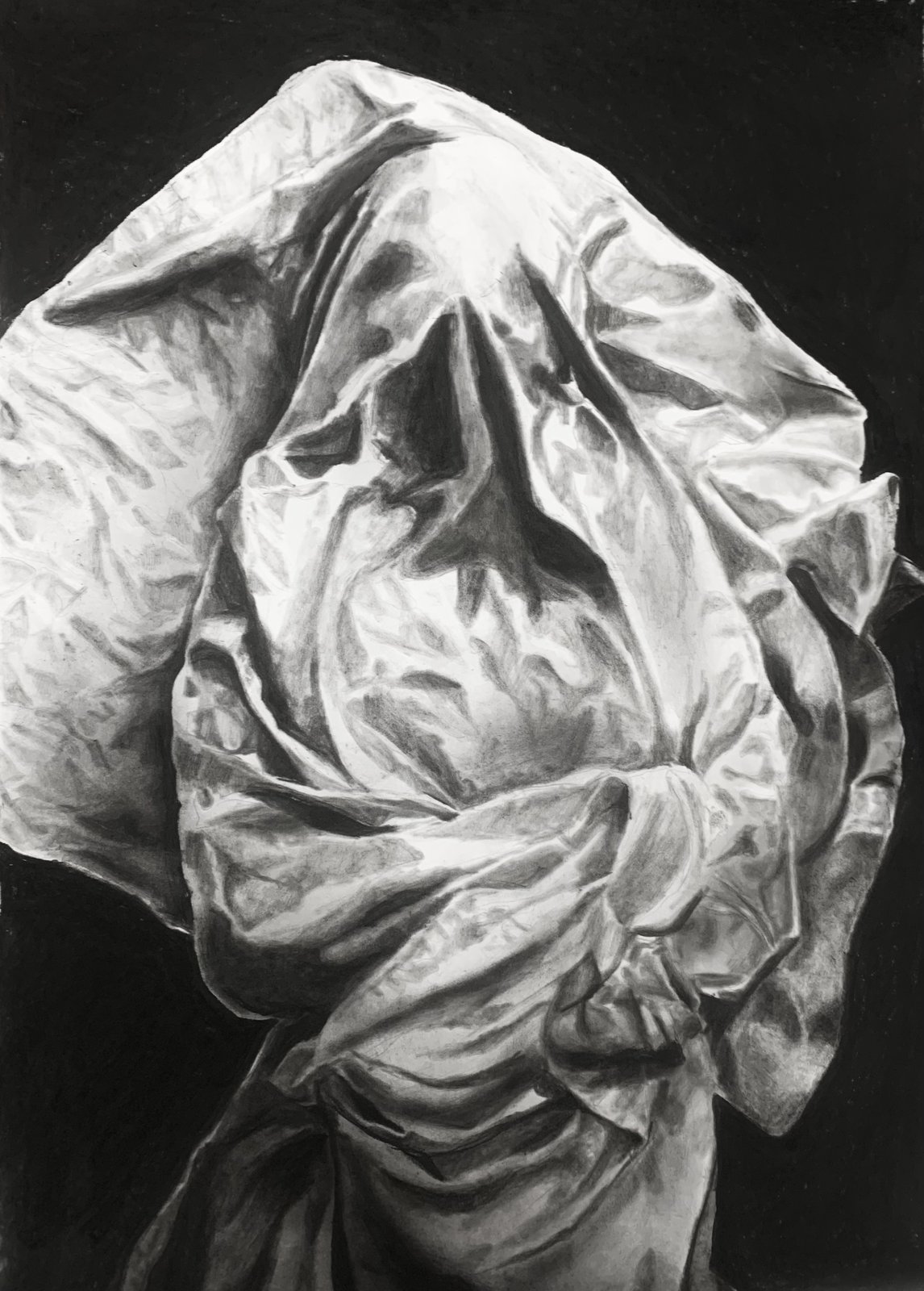 Wrapped — fabric study in white charcoal