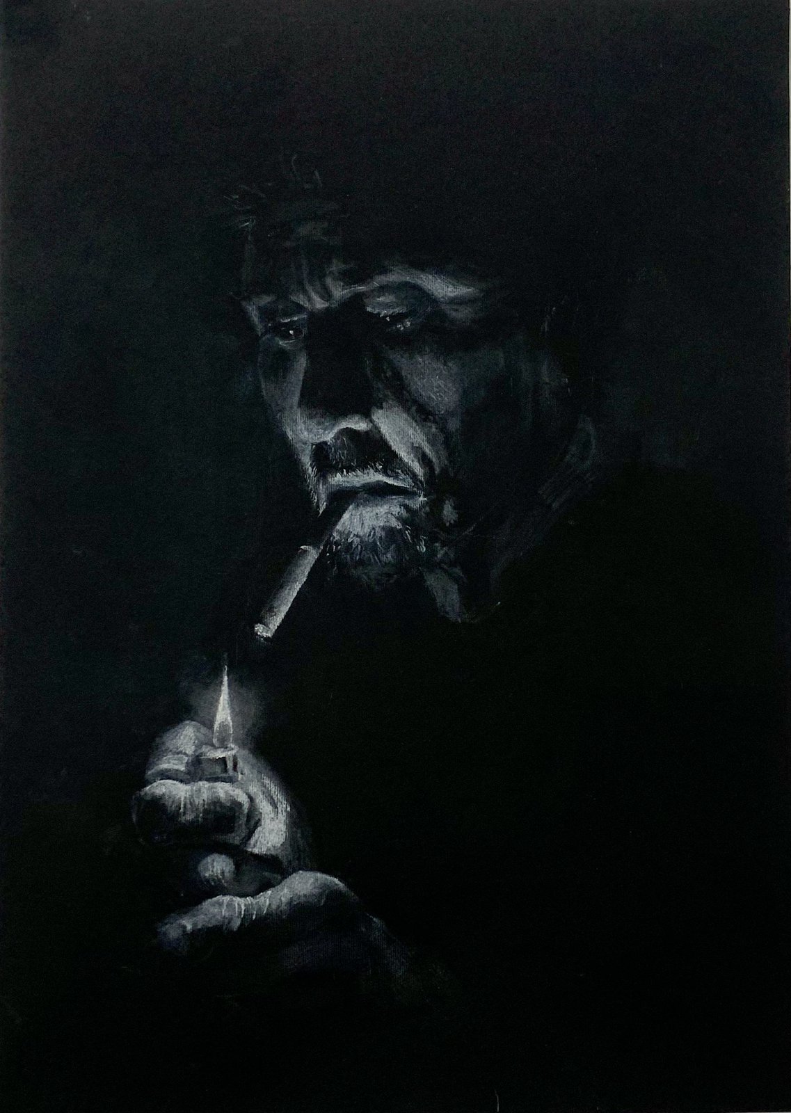 Mans' Addictions — man with lighter in white charcoal